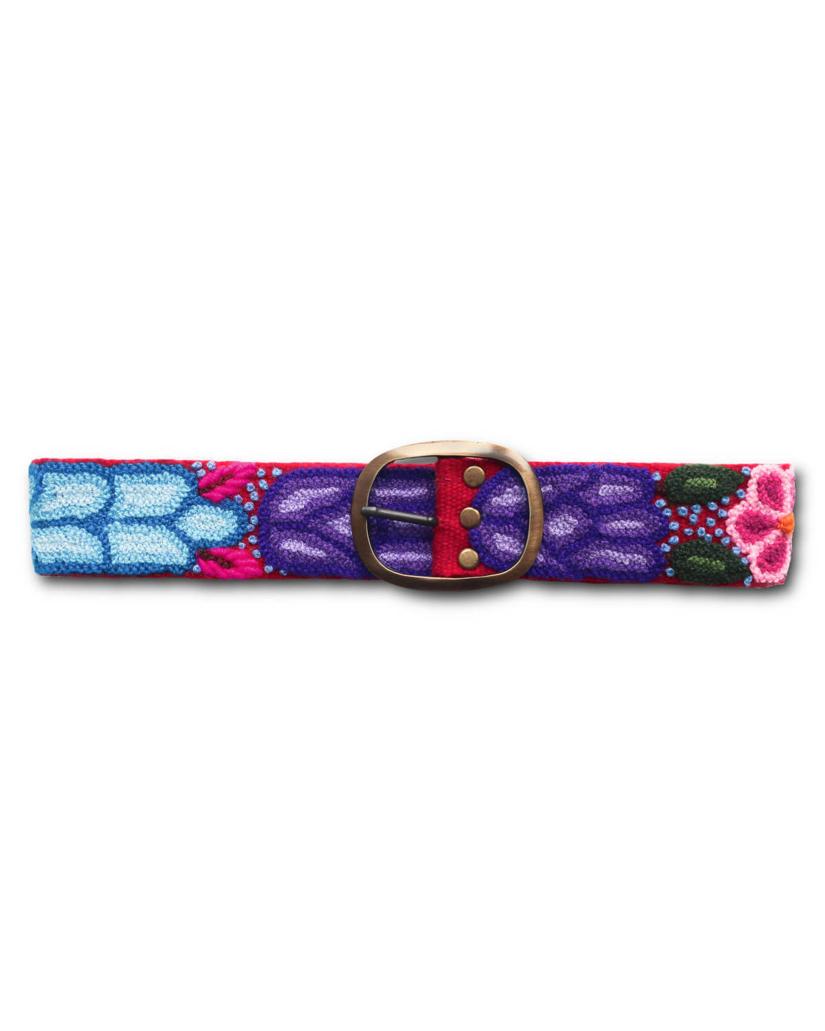 Ayni Ppacha Damengürtel aus Peru, der mit bunten Blüten auf einer roten Basis bestickt ist.