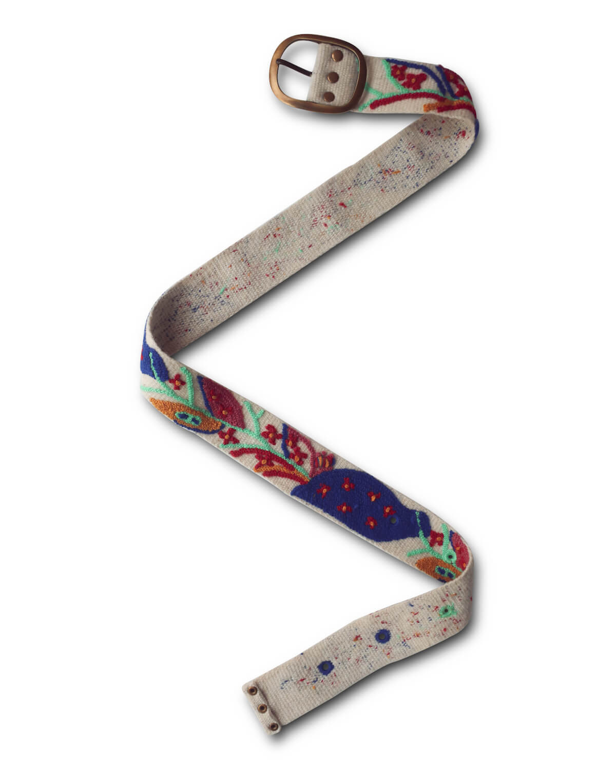 Handgefertigter Ayni Ppacha Gürtel Piri Piri für Damen, in Peru abstrakt aus Wolle bestickt mit buntem Design.
