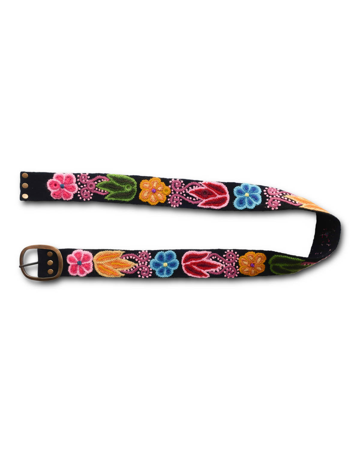 Handgefertigter Ayni Ppacha Gürtel Aralia für Damen, in Peru kunstvoll aus Wolle bestickt mit bunten Blumen auf schwarzer Basis