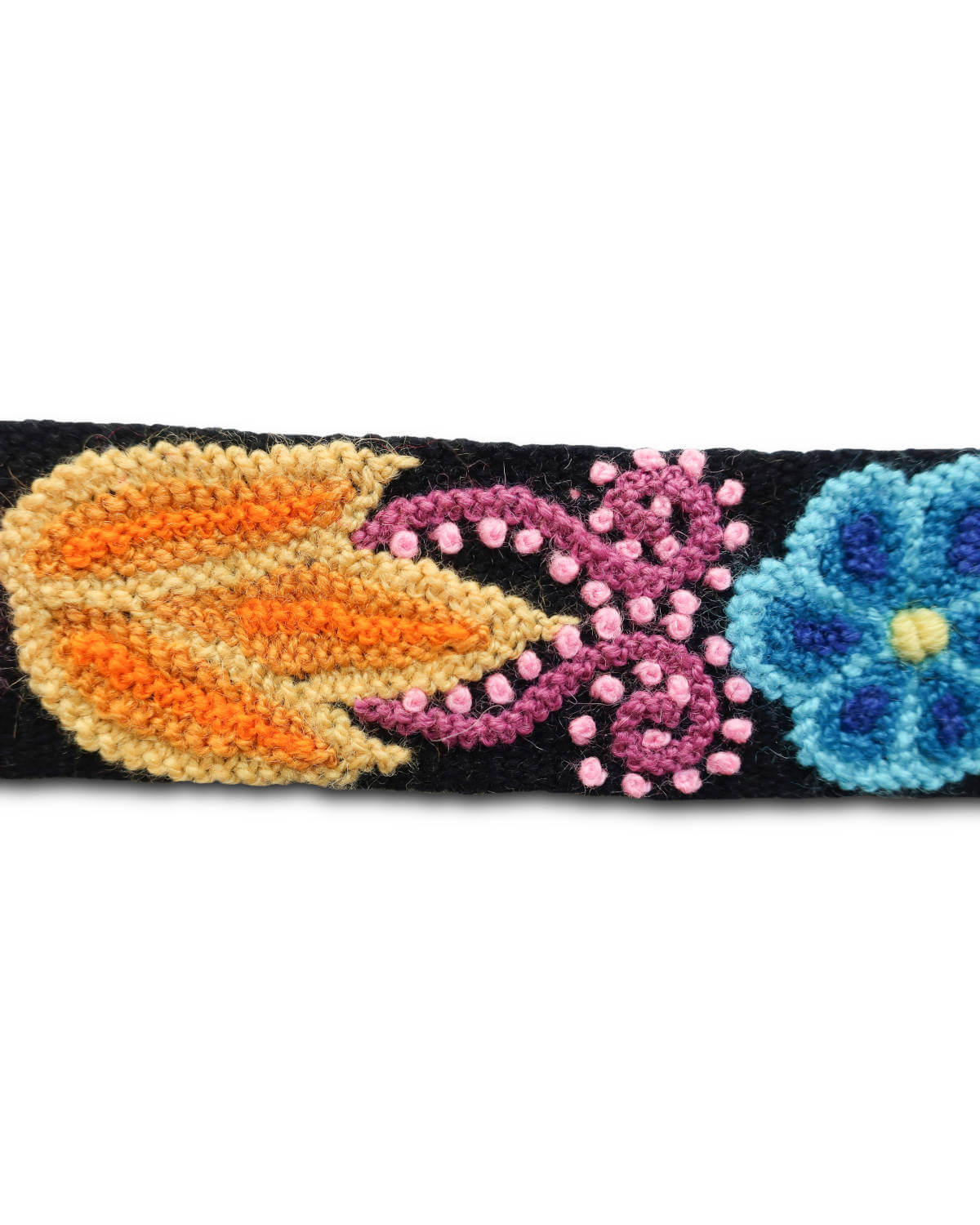Handgefertigter Ayni Ppacha Gürtel Aralia für Damen, in Peru kunstvoll aus Wolle bestickt mit bunten Blumen auf schwarzer Basis