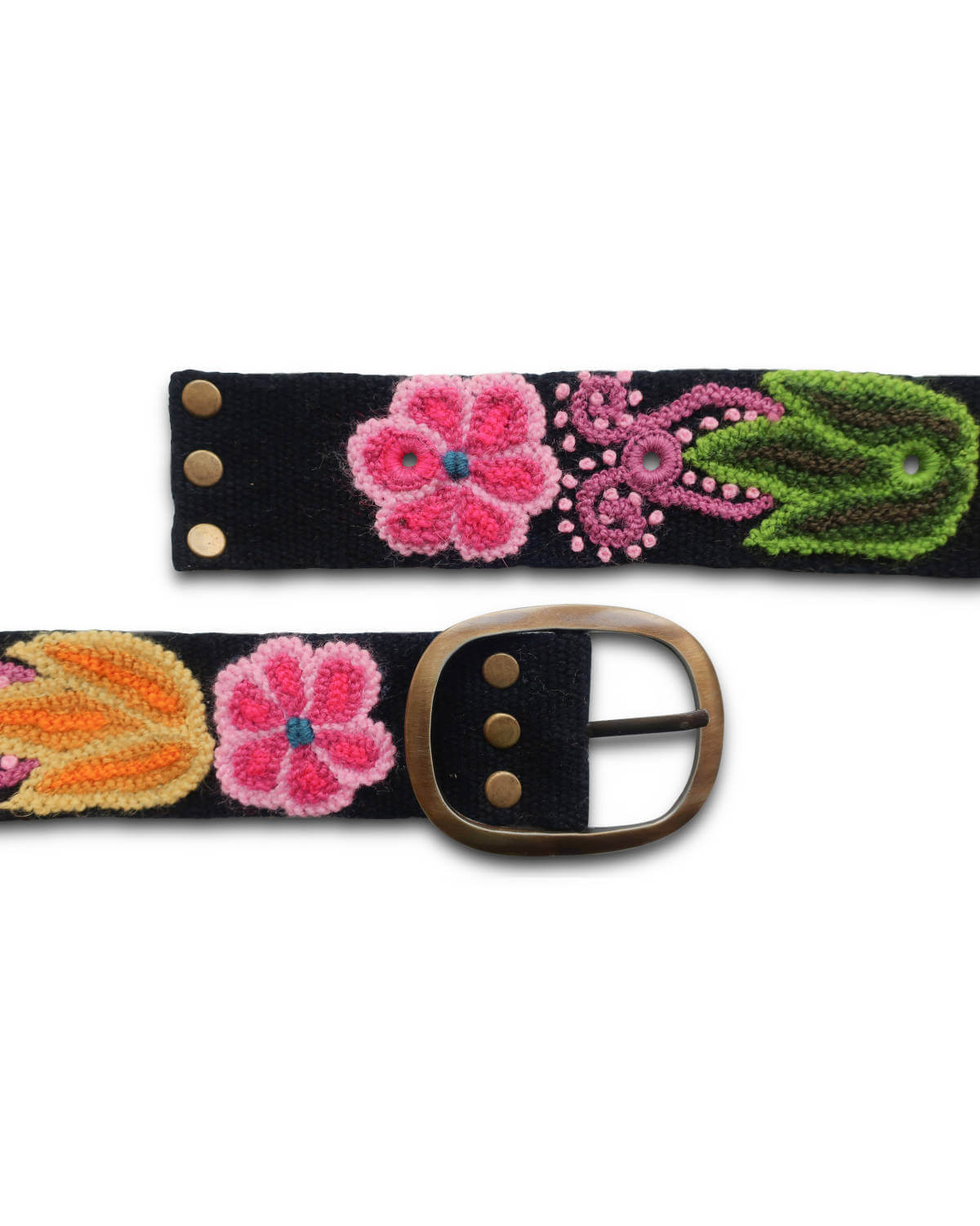 Handgefertigter Ayni Ppacha Gürtel Aralia für Damen, in Peru kunstvoll aus Wolle bestickt mit bunten Blumen auf schwarzer Basis