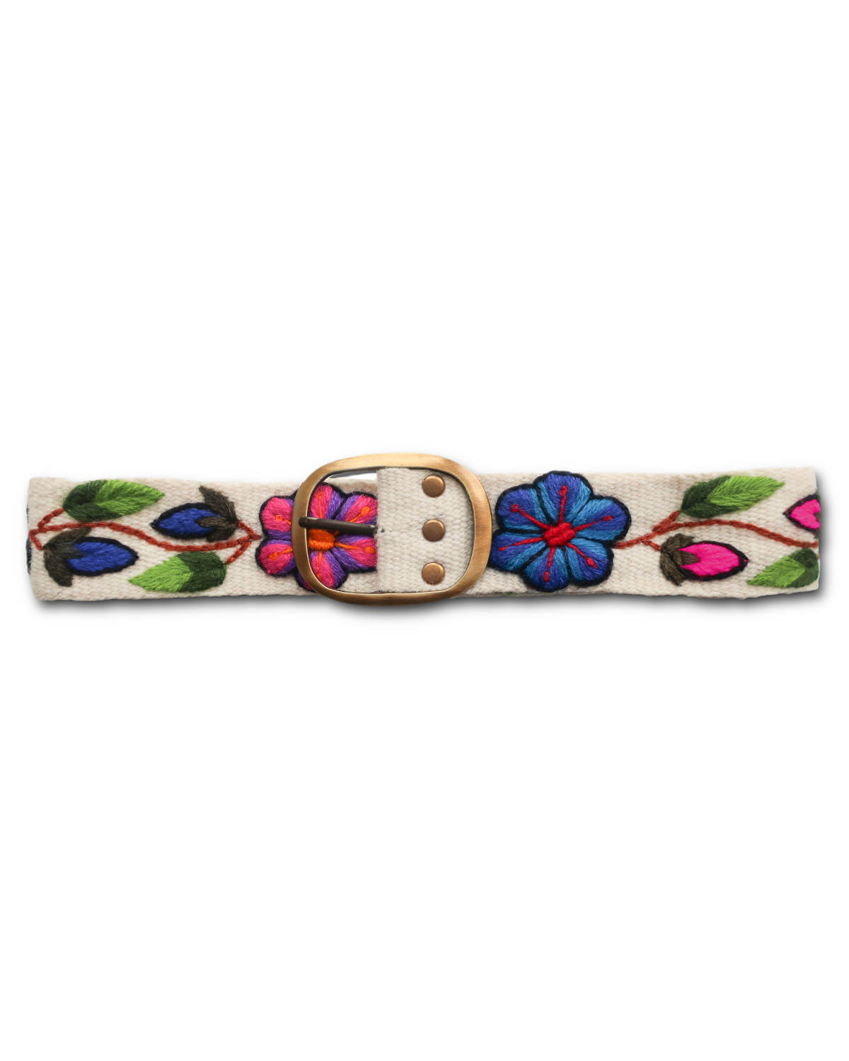 Handgefertigter Ayni Ppacha Gürtel Ramo für Damen, in Peru kunstvoll aus Wolle bestickt mit einem bunten Blumenranke auf weißer Basis.