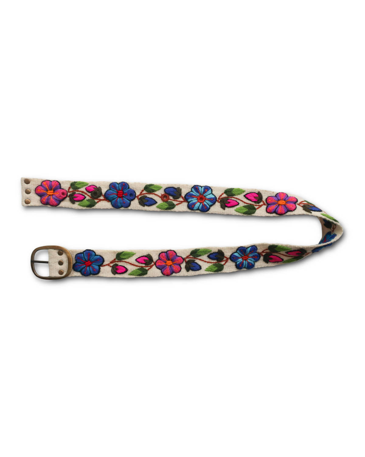 Handgefertigter Ayni Ppacha Gürtel Ramo für Damen, in Peru kunstvoll aus Wolle bestickt mit einem bunten Blumenranke auf weißer Basis.
