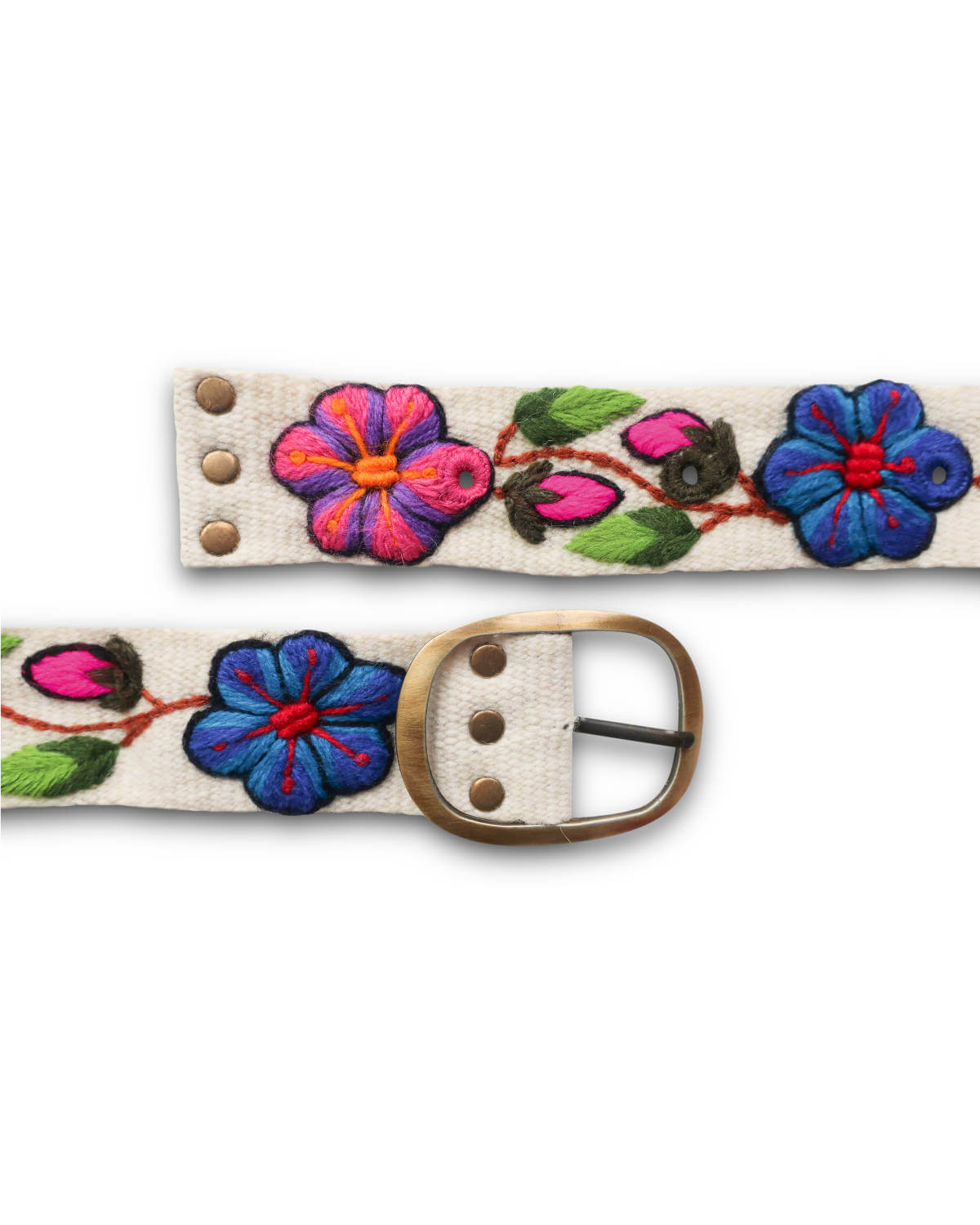 Handgefertigter Ayni Ppacha Gürtel Ramo für Damen, in Peru kunstvoll aus Wolle bestickt mit einem bunten Blumenranke auf einer weißen Basis.