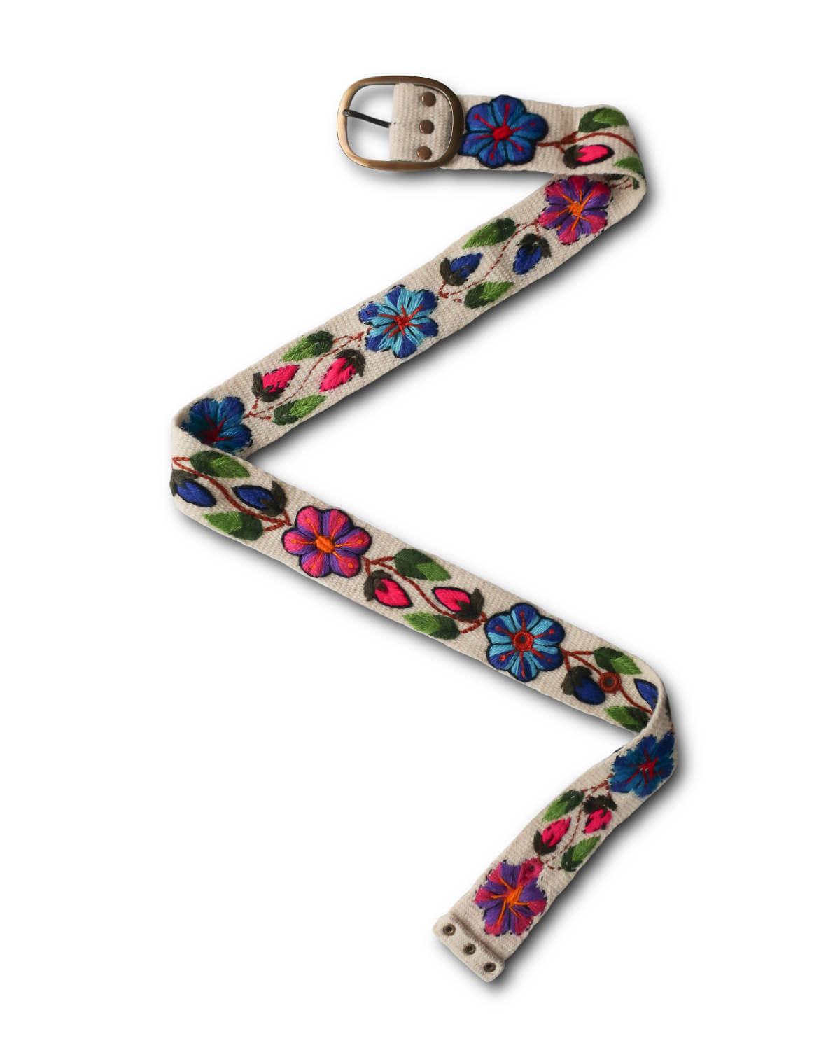 Handgefertigter Ayni Ppacha Gürtel Ramo für Damen, in Peru kunstvoll aus Wolle bestickt mit einem bunten Blumenranke auf einer weißen Basis.