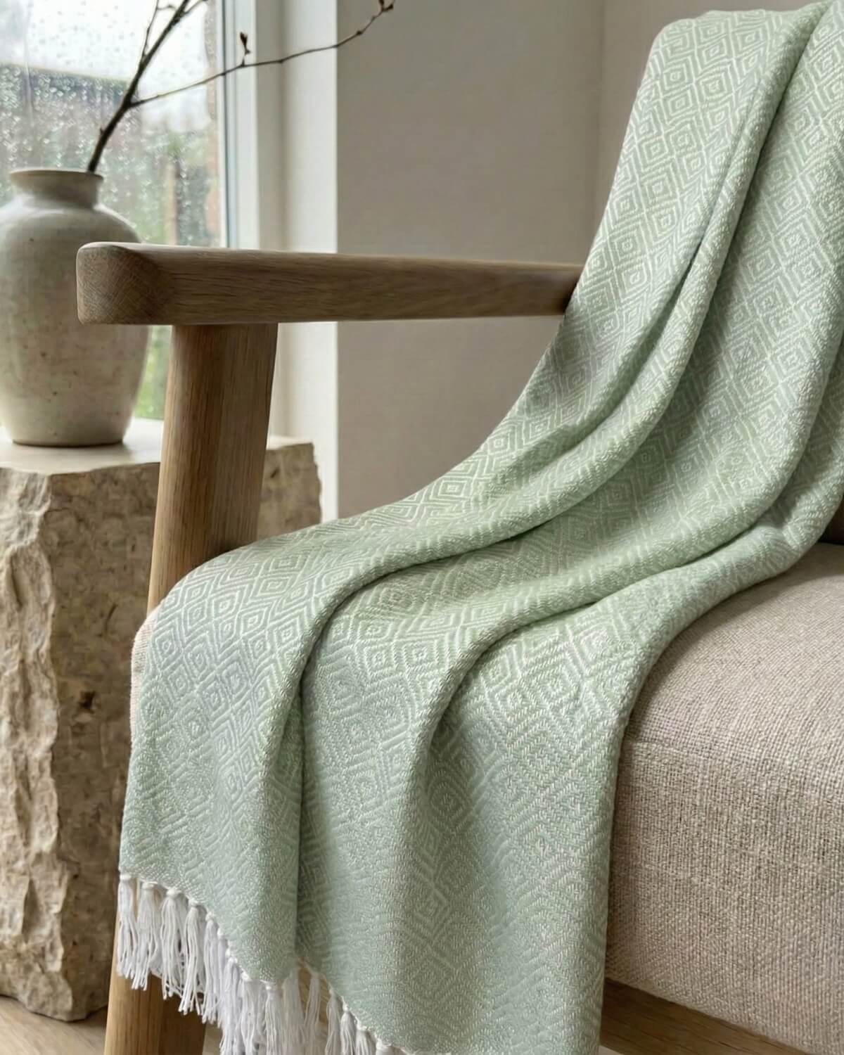 Karierte Plaid Decke / Tagesdecken - Mintgrün/Weiß