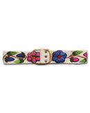 Handgefertigter Ayni Ppacha Gürtel Ramo für Damen, in Peru kunstvoll aus Wolle bestickt mit einem bunten Blumenranke auf weißer Basis.