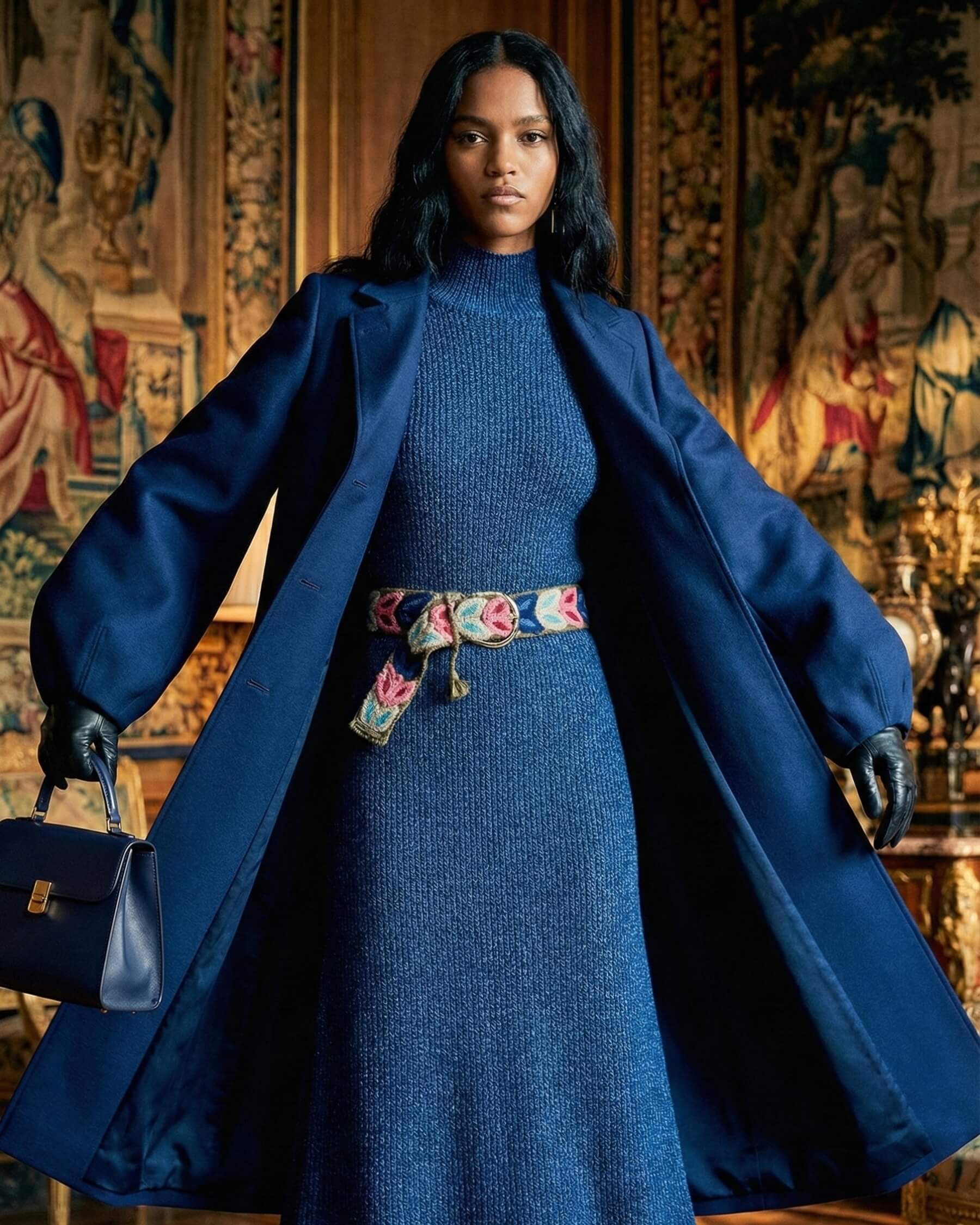 Model trägt den bestickten Gürtel 'Morera' mit Blätter-Muster als farbigen Akzent zu einem dunkelblauen Strickkleid und passendem Wollmantel im eleganten Winter-Look.